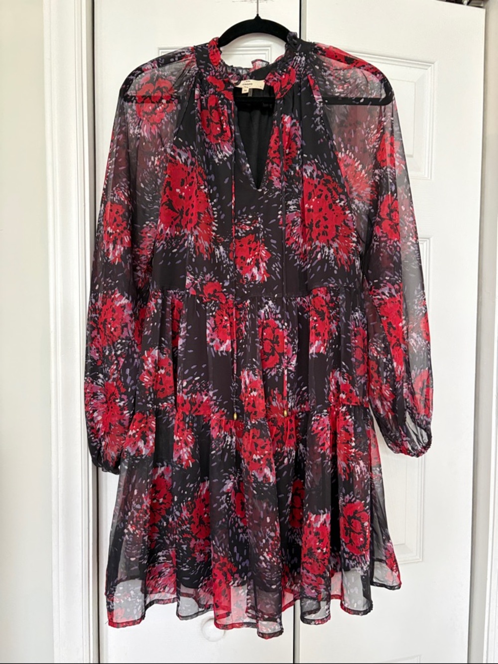 Sheer Floral Tiered Long-Sleeve Dress - Red, Black & Purple SZ M